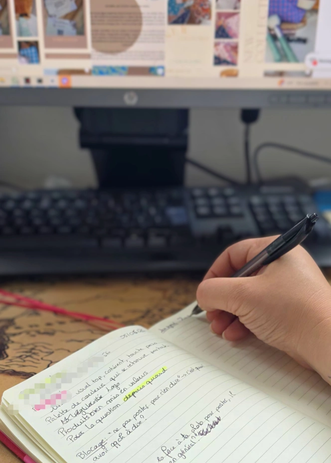Main de Gaya qui écrit dans un carnet, en amont de la stratégie de contenu instagram